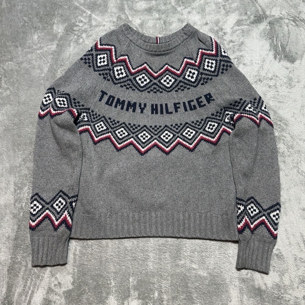 Tommy Hilfiger Fair Isle Sweater Large Gray Wool Blend Knit Spellout Crewneck L